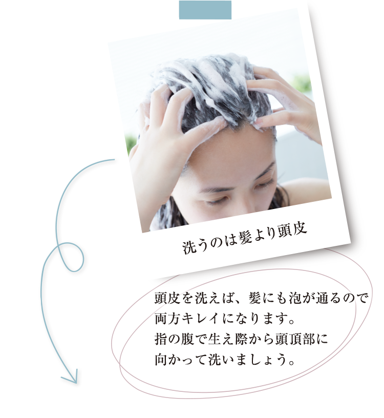 洗うのは髪より頭皮 髪は頭皮を洗ううちにキレイになります。指の腹で生え際から頭頂部に向かって洗いましょう。