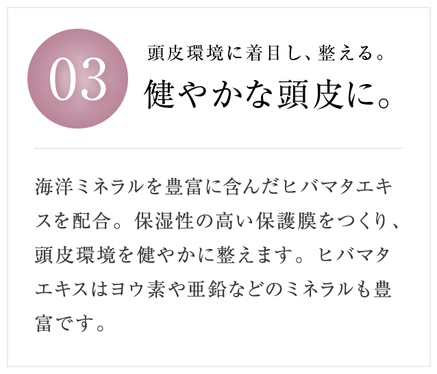 03 頭皮環境に着目し、整える。健やかな頭皮に。 海洋ミネラルを豊富に含んだヒバマタエキスを配合。保湿性の高い保護膜をつくり、頭皮環境を健やかに整えます。ヒバマタエキスはヨウ素や亜鉛などのミネラルも豊富です。