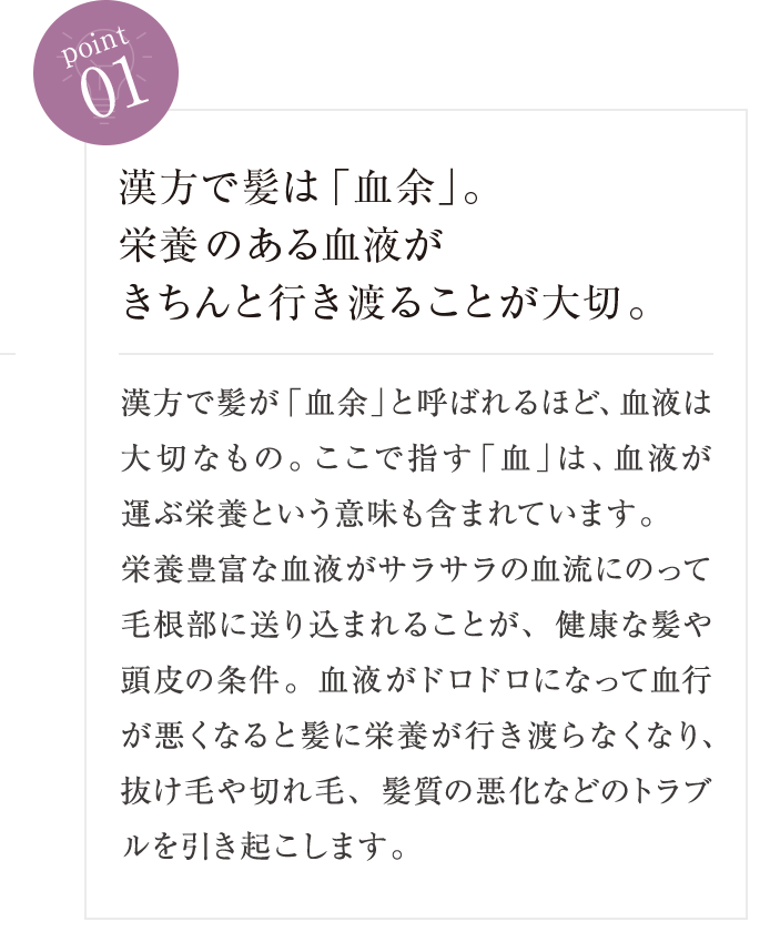 point01 漢方で髪は「血余」。栄養のある血液がきちんと行き渡ることが大切。 漢方で髪が「血余」と呼ばれるほど、血液は大切なもの。ここで指す「血」は、血液が運ぶ栄養という意味も含まれています。栄養豊富な血液がサラサラの血流にのって毛根部に送り込まれることが、健康な髪や頭皮の条件。血液がドロドロになって血行が悪くなると髪に栄養が行き渡らなくなり、抜け毛や切れ毛、髪質の悪化などのトラブルを引き起こします。