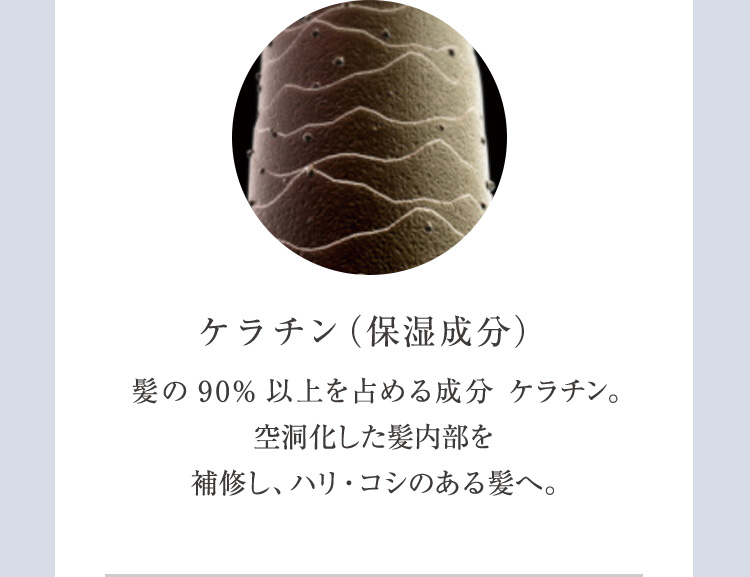 ケラチン（保湿成分）髪の90%以上を占める成分 ケラチン。空洞化した髪内部を補修し、ハリ・コシのある髪へ。