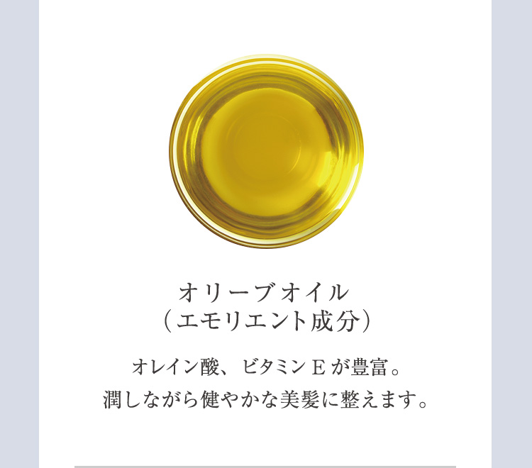 オリーブオイル （エモリエント成分）オレイン酸、ビタミンEが豊富。 潤しながら健やかな美髪に整えます。