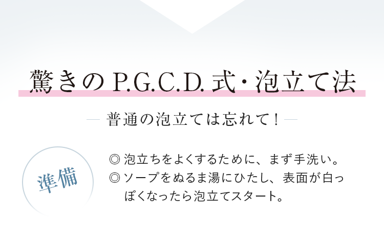 驚きのP.G.C.D.式・泡立て法 普通の泡立ては忘れて！　泡立ちをよくするために、まず手洗い。ソープをぬるま湯にひたし、表面が白っぽくなったら泡立てスタート。