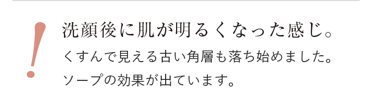 洗顔後に肌が明るくなった感じ。くすんで見えるメラニン角層も落ち始めました。ソープの効果が出ています。