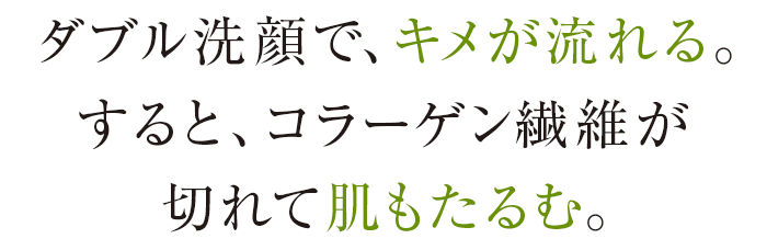 ダブル洗顔で、キメが流れる。すると、コラーゲン繊維が切れて肌もたるむ。