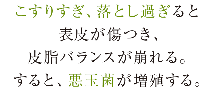 こすりすぎ、落とし過ぎると表皮が傷つき、皮脂バランスが崩れる。すると、悪玉菌が増殖する。